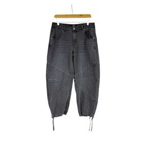 MADDEN NYC Jeans Barrel Wide Leg Mid-rise Gray Black sz 12 Drawstring Hem Baggy